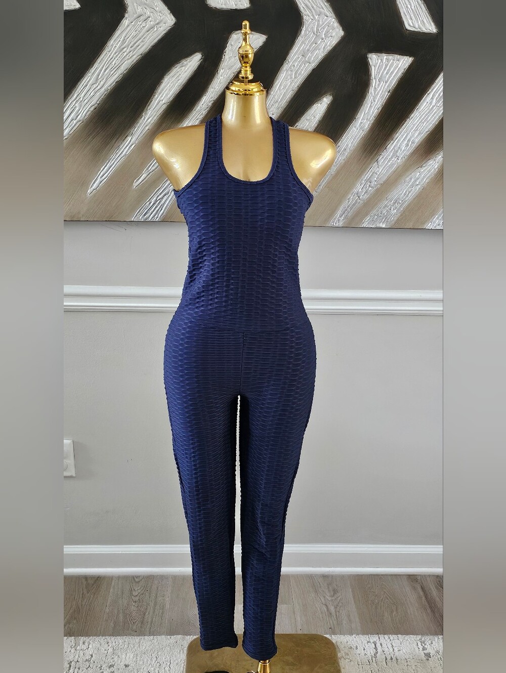 Navy Blue Textured Open Back Scrunch Butt Jumpsuit Size S/M